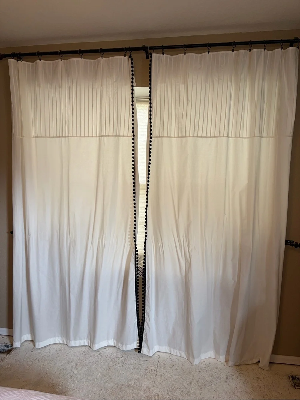 Elegant White Window Curtain Panels with Black Pom Trim